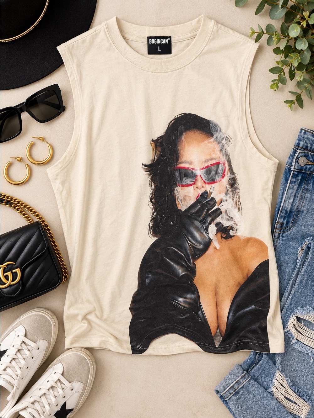 BOGINCAN Graphic Muscle Tee – Cream – Size Large